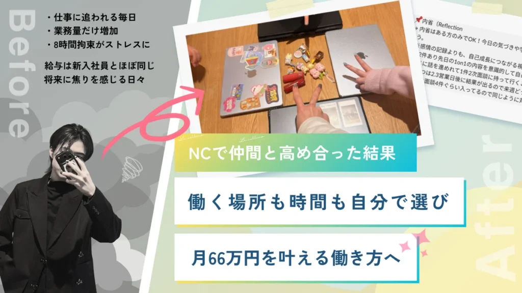 頼られすぎて激務だった手取り20万の会社員が、「好きなことで生きる仲間」に刺激され、副業から月収3倍を叶えるまで導入