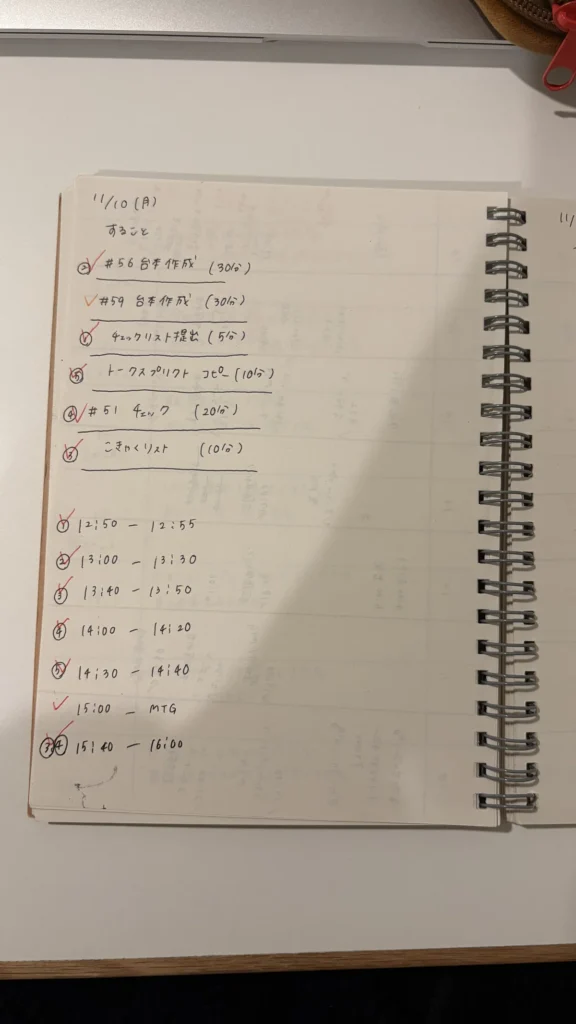 時間の使い方変化で限られた時間の中でやることを書き出して進めているタスク管理ノート