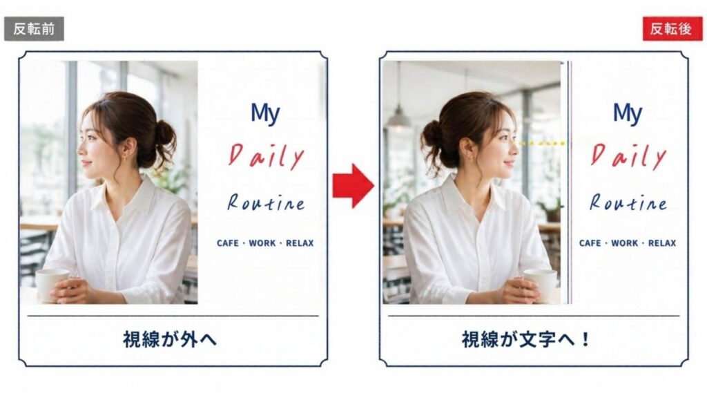 ①人物の向きを反転して文字に視線を集める